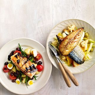 Seared Salmon with Beans and Quails Eggs