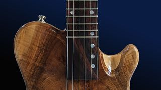 A detail photo of Ellis Guitars' Soprano TX, a short-scale guitar tuned an octave above a standard guitar, allowing you to create mandolin-like tones from a familiar six-string instrument