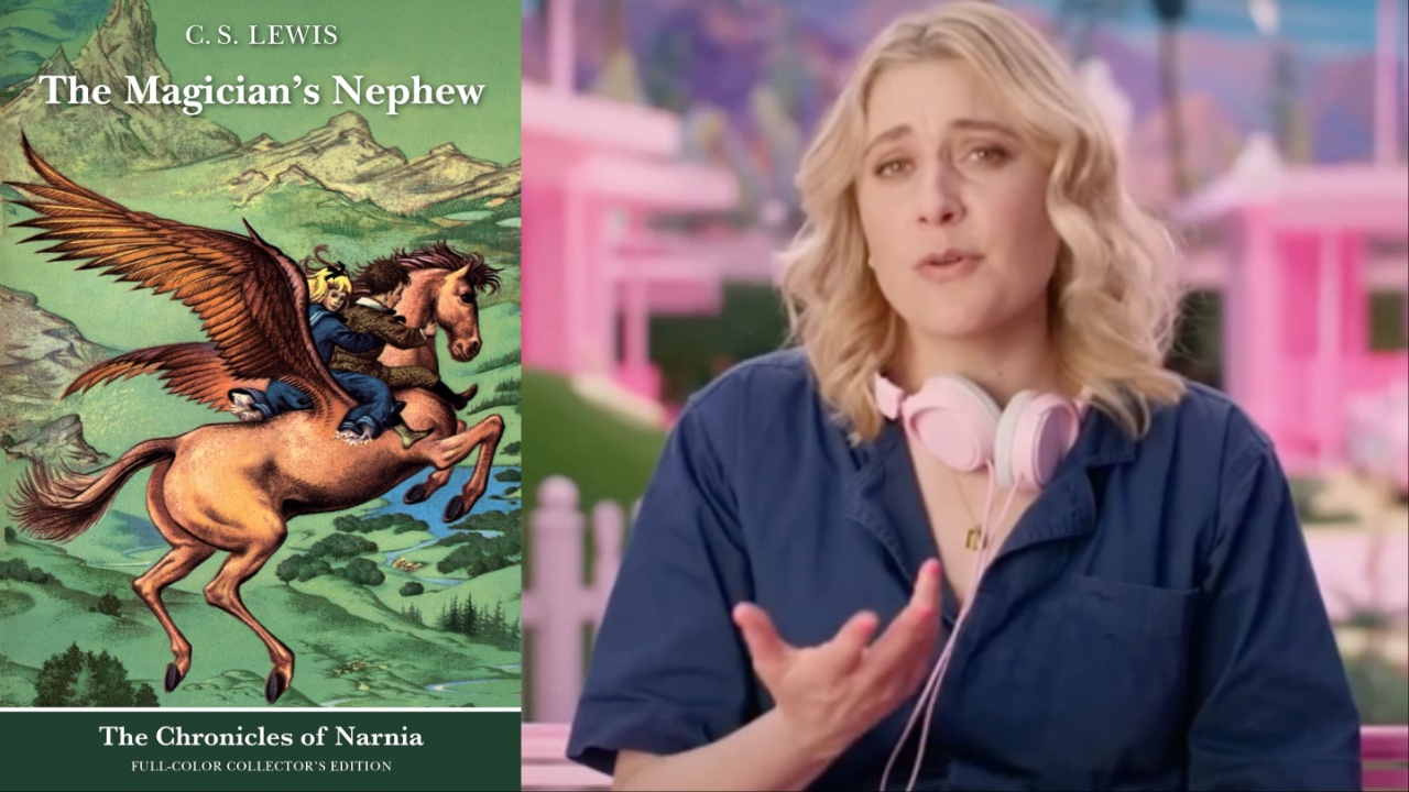 Magician's Nephew book and Greta Gerwig in Barbie bonus feature
