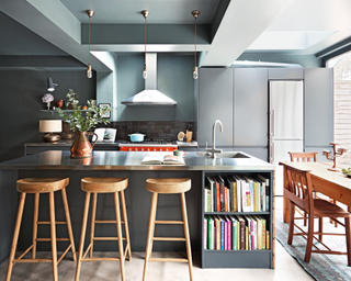 Contemporary kitchen ideas in a dark gray scheme with metal topped breakfast bar and wooden seating.