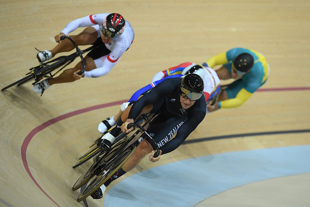 Edward Dawkins of New Zealand, Francois Pervis of France, Yuta Wakimoto of Japan, Angel Pulgar of Venezuela and Patrick Constable of Australia compete during the Men's Keirin First Rou nd Repechages