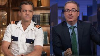 Joshua Jackson leans in uniform in Doctor Odyssey, pictured next to John Oliver in mid-speech on Last Week Tonight.