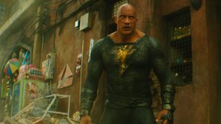 Teth-Adam stares menacingly at someone off screen in his signature anti-hero suit in DCEU movie Black Adam