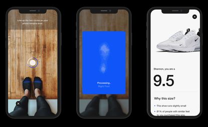 The Nike Fit app showed on three phone screens. The first screen is showing how to line up feet, the second one is processing the image, and the third one shows the right shoe size.