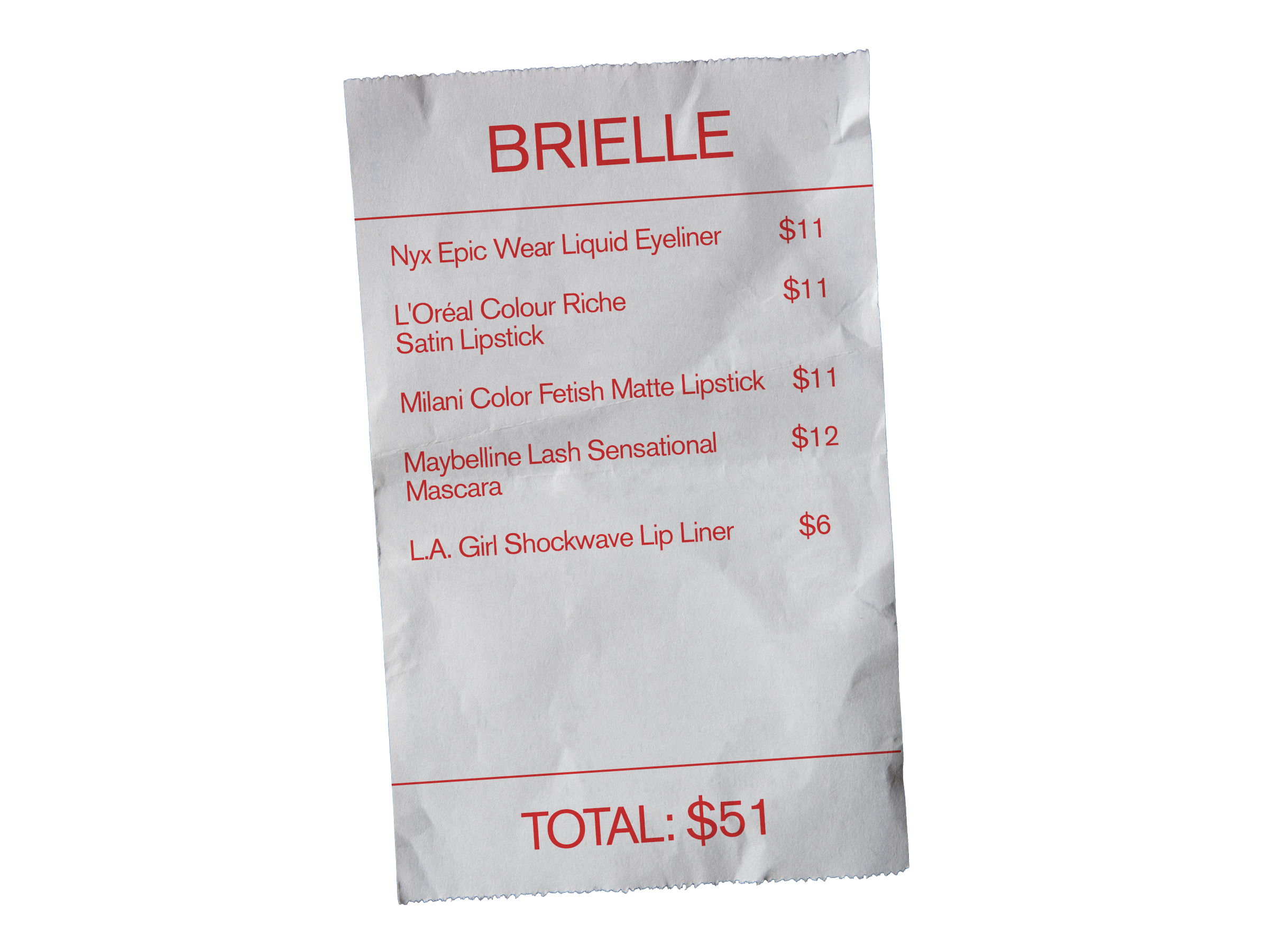 Brielle Pollara's drugstore beauty receipt.