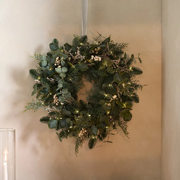 65cm Pre-Lit Frosted Eucalyptus Wreath | Christmas Wreaths &amp;amp; Garlan...