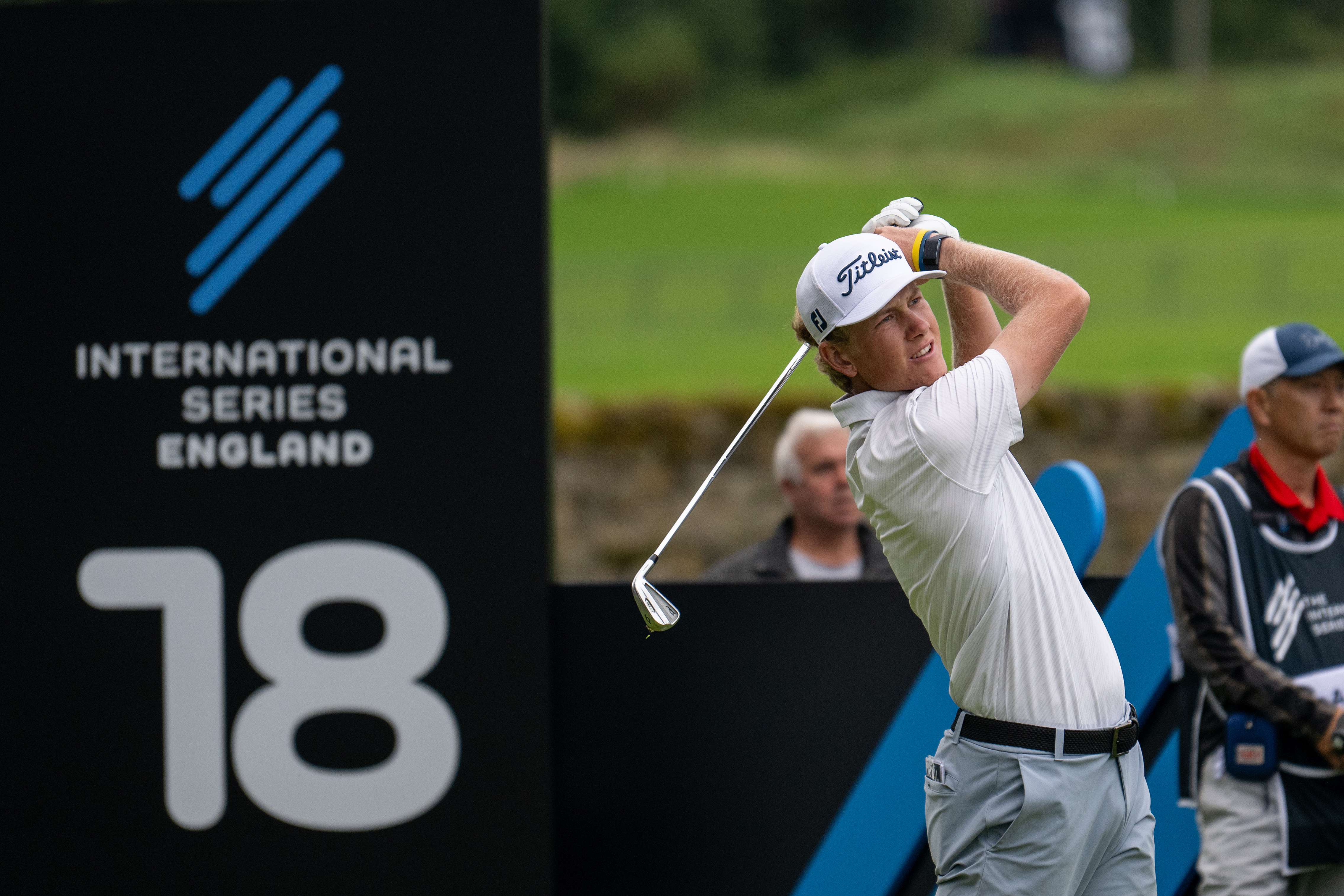 Luke Poulter hits a tee shot during International Series England