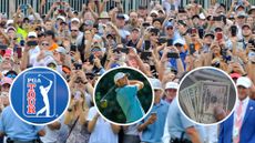 an image of golf fans all holding mobile phones with insets of the PGA Tour logo, Scottie Scheffler and a pile of money, indicating why my engagement with the PGA Tour is at an all-time low