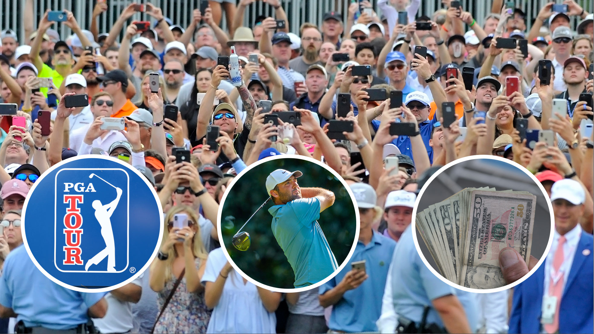an image of golf fans all holding mobile phones with insets of the PGA Tour logo, Scottie Scheffler and a pile of money, indicating why my engagement with the PGA Tour is at an all-time low