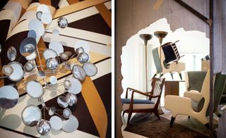 The photo to the left shows a reflective decoration, made out of many circular pieces connected together. The photo to the right shows different armchairs. Some of them are stacked on each other.