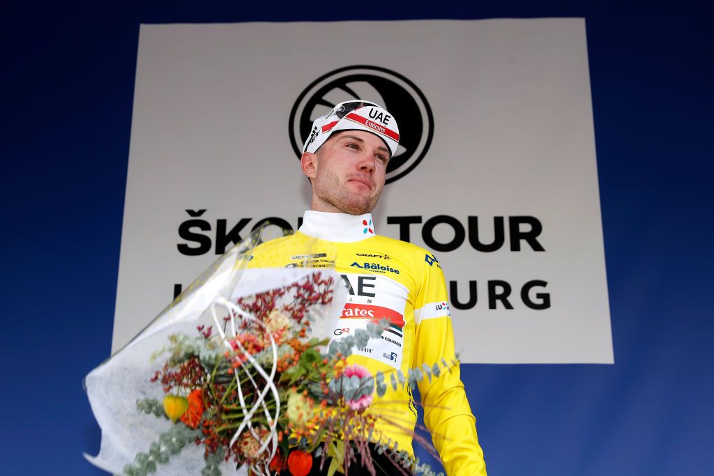 MAMER LUXEMBOURG SEPTEMBER 16 Marc Hirschi of Switzerland and UAE Team Emirates celebrates winning the yellow leader jersey on the podium ceremony after the 81st SkodaTour De Luxembourg 2021 Stage 3 a 1893km stage from MondorfLesBains to Mamer 300m skodatour skodatour on September 16 2021 in Mamer Luxembourg Photo by Bas CzerwinskiGetty Images