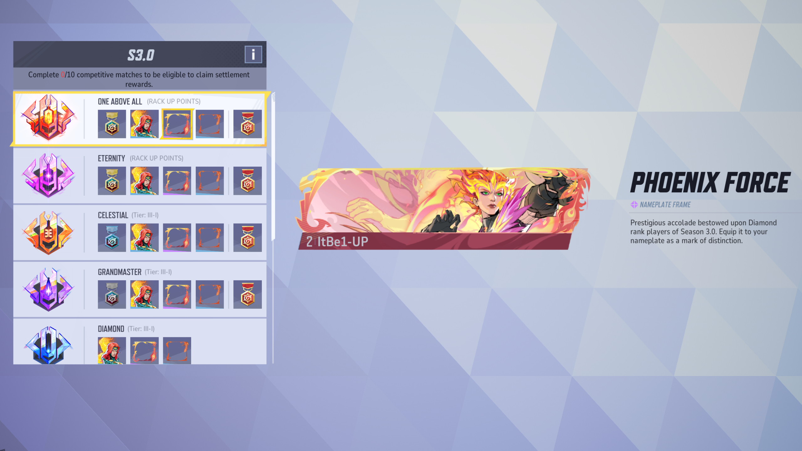 Marvel Rivals ranks: The Phoenix Force nameplate in the Season 3 rewards overview screen.