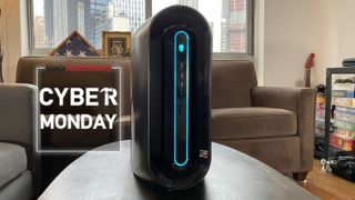 Alienware Aurora R10 on a table. A Cyber Monday badge sits to the left.