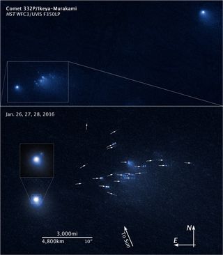 A view of Comet 332P/Ikeya-Murakami, captured by the Hubble Space Telescope and annotated to show the pieces of the comet that have broken off from the comet nucleus.