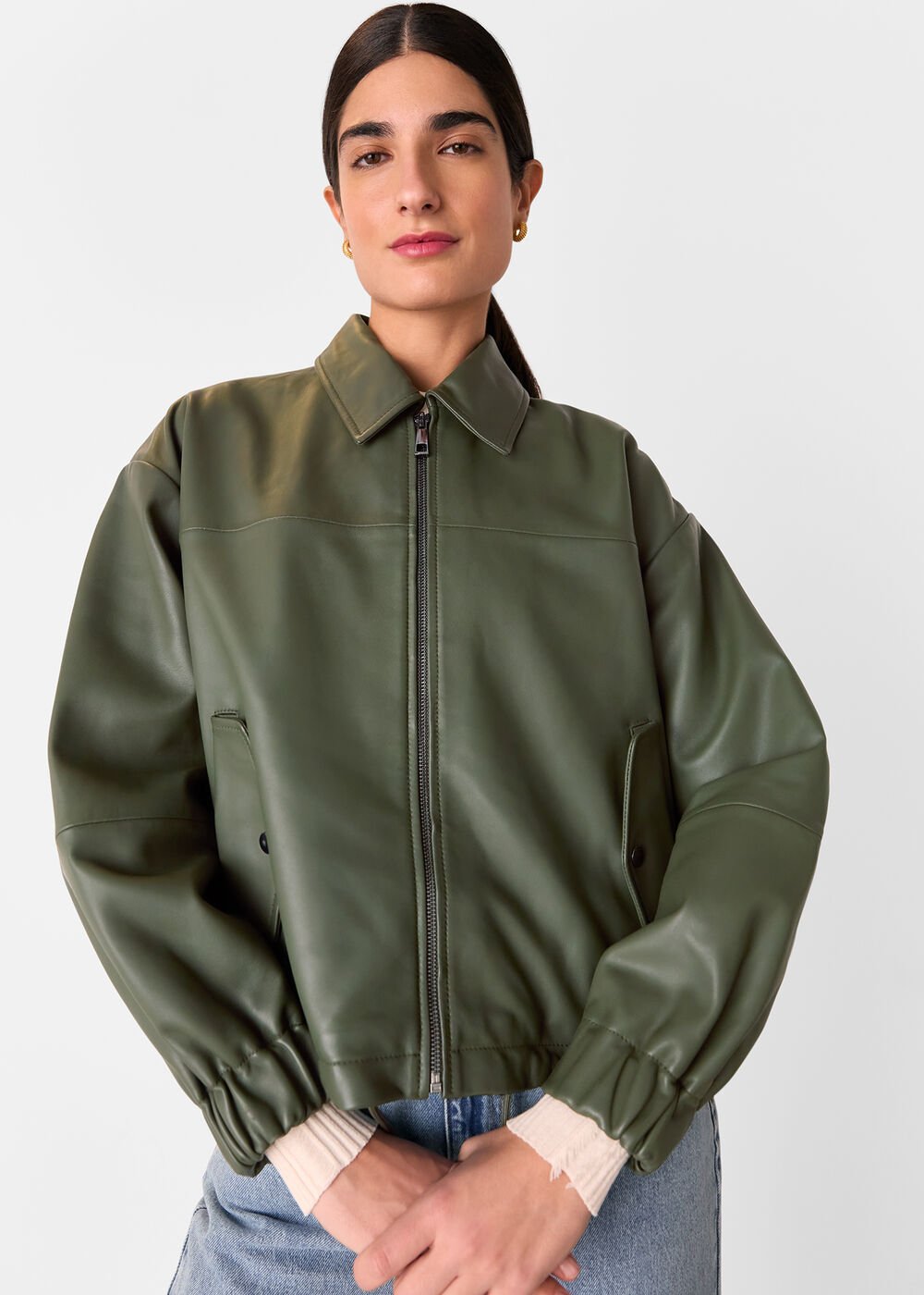 Khaki Frida Leather Bomber Jacket