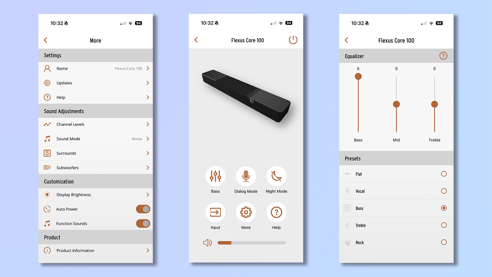 three screenshots from the klipsch connect plus app showing customization and playback modes for the soundbar