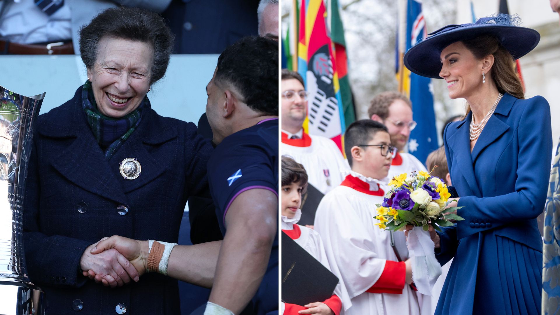 L-Princess Anne smiles at the rugby world cup, R-Kate Middleton greets choir singers at the Commonwealth Day service