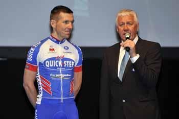 Patrick Lefevere and Andy Cappelle on stage at the Quick Step presentation.