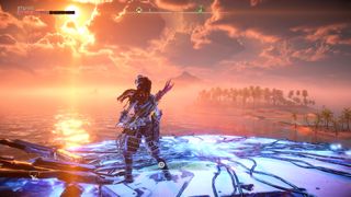 Horizon Forbidden West Tallnecks: Aloy stands on top of a Tallneck as it walks in the ocean at sunset