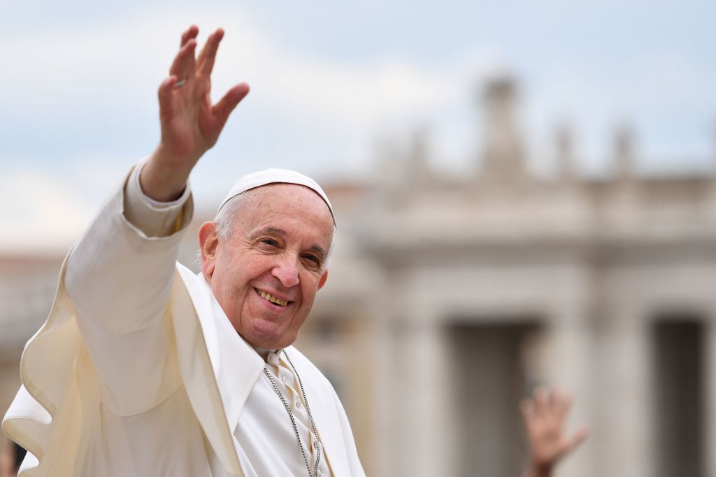 Pope Francis waves to worshipers at the end of the weekly general audience on April 3, 2019 at St. Peter&amp;#039;s square in the Vatican.