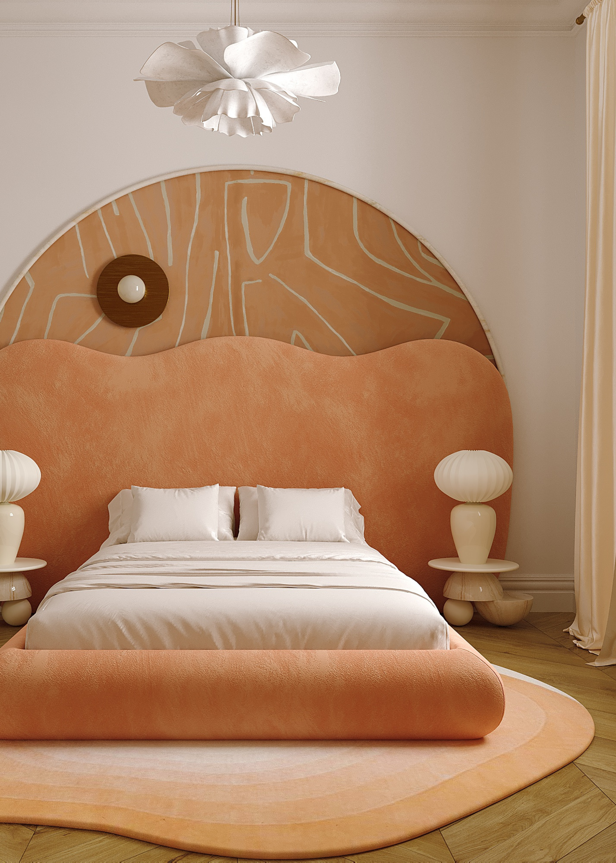 A peach and cream themed bedroom with an oversized headboard, a curved rug, a set of side tables with identical lamps and a petalled ceiling pendant