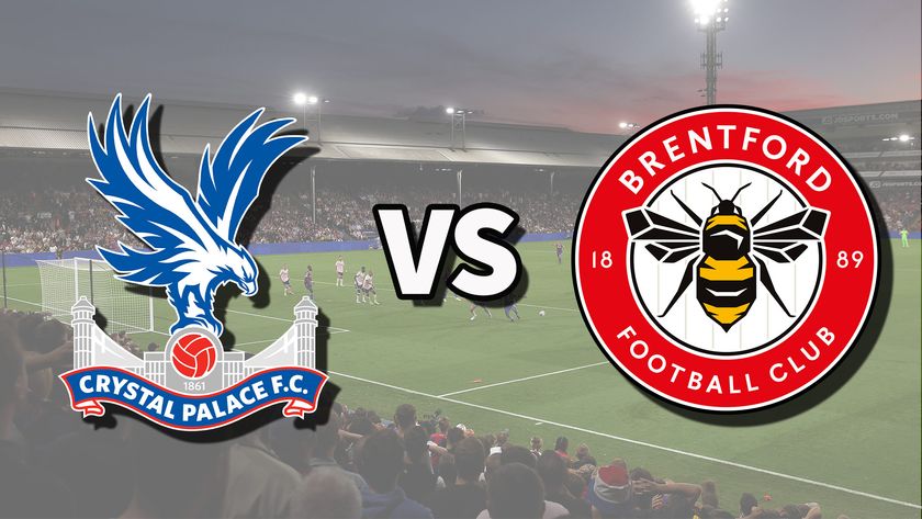 The Crystal Palace and Brentford club badges on top of a photo of Selhurst Park in London, England