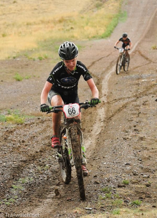 Heather Irmiger (Subaru Trek) zig zags looking for traction on the wet clay