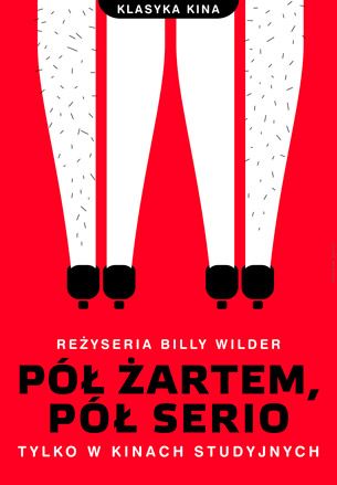 4 legs (one shaved and one stubbled) in black shoes against a red bacground. Polish text below the legs
