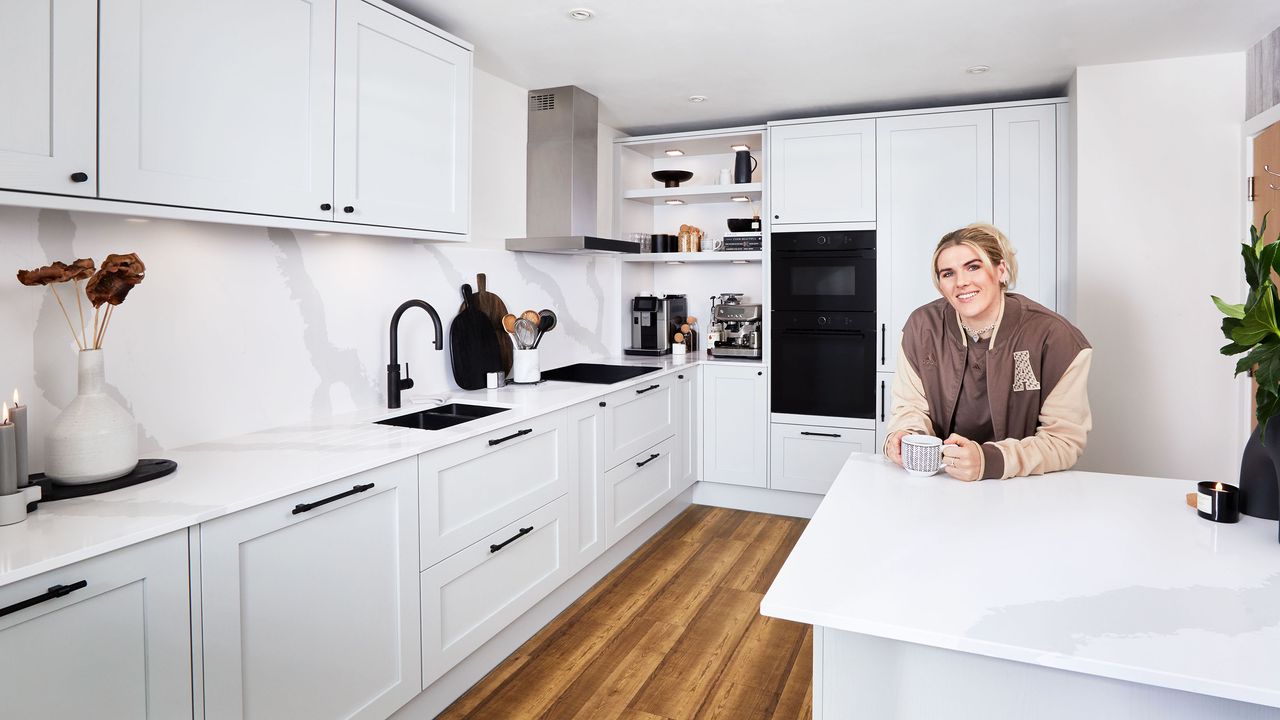 Howdens dove grey kitchen with Millie Bright.