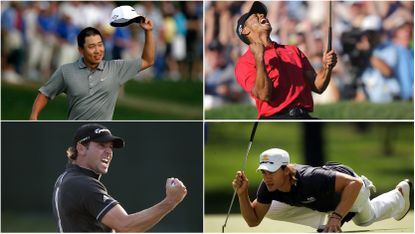 Four golfers in a montage from 2008 featuring Anthony Kim, Tiger Woods, Sergio Garcia and Camilo Villegas