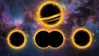 An illustration shows a single black hole spliting into two