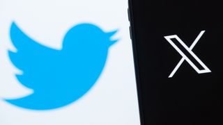 (L, R) the Twitter bird logo in the background is out of focus and the new X logo appears in white on a phone with a black background.
