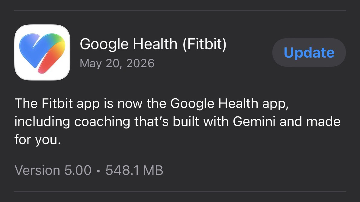 Screenshot showing the Google Health app update, which changes the name from Fitbit