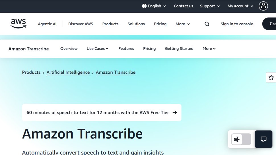 Amazon Transcribe website screenshot (August 2025).