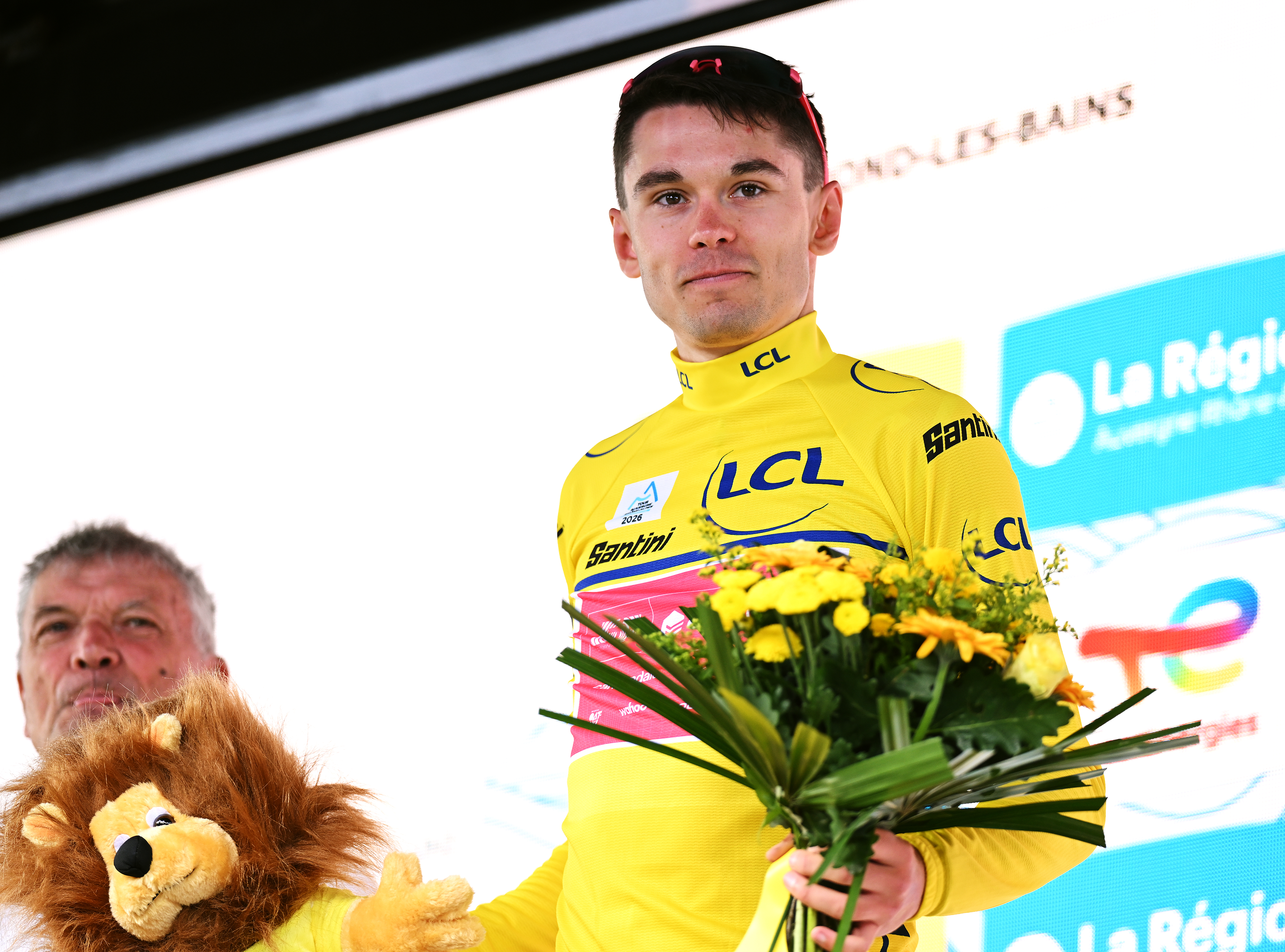 MONTROND-LES-BAINS, FRANCE - JUNE 10: Alex Baudin of France and Team EF Education - EasyPost celebrates at podium as Yellow Leader Jersey winner during the 78th Tour Auvergne-Rhone-Alpes 2026, Stage 4 a 167.4km stage from Le Puy-en-Velay to Montrond-les-Bains / #UCIWT / on June 10, 2026 in Montrond-les-Bains, France. (Photo by Dario Belingheri/Getty Images)