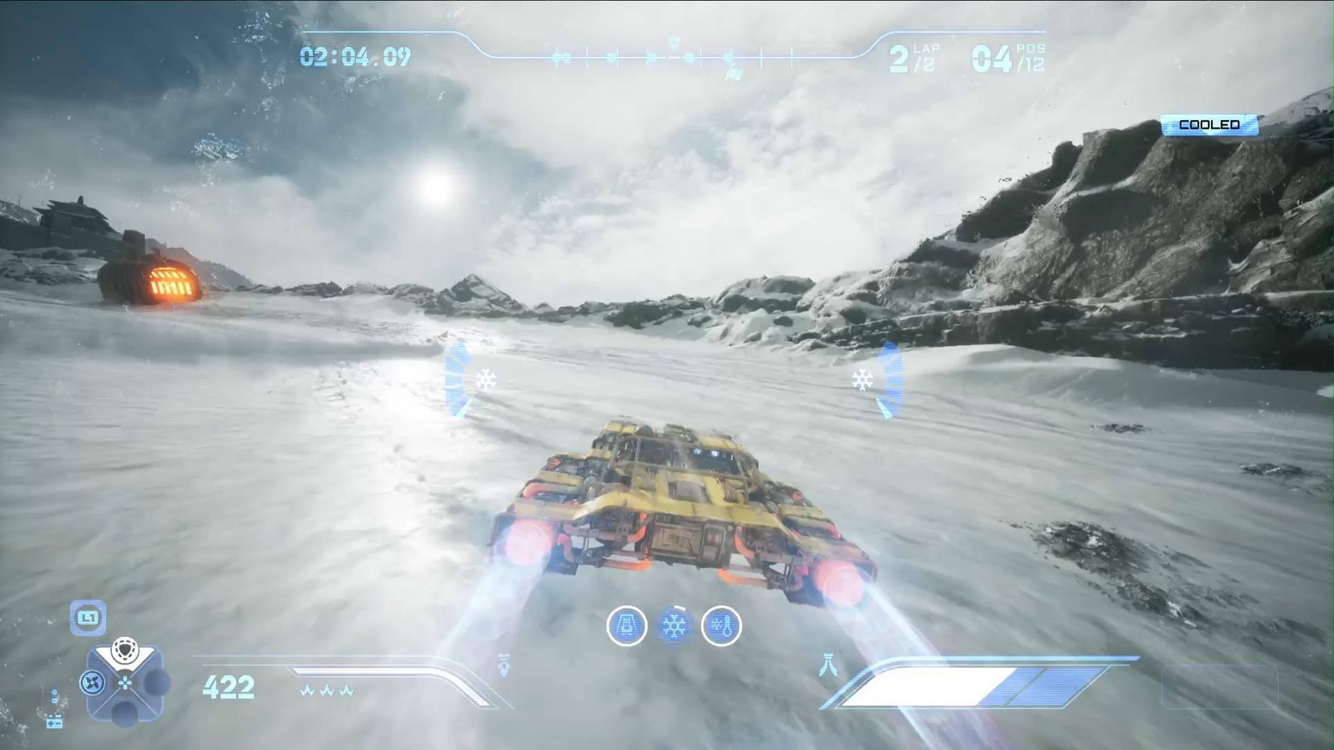 Star Wars Galactic Racer yellow speeder using ramjet while freezing up from teh cold on Ando Prime