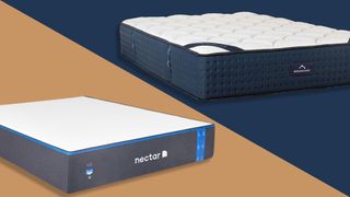 Nectar vs DreamCloud: image shows the Nectar Memory Foam mattress on a yellow background on the left and the DreamCloud mattress on a blue background on the right
