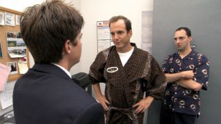 Tony Hale as Buster and Will Arnett as Gob talk to Michael on Arrested Development.