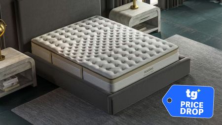 The Saatva Memory Foam Hybrid mattress seen from above in a bedroom, with a Tom's Guide badge overlaid saying "PRICE DROP"