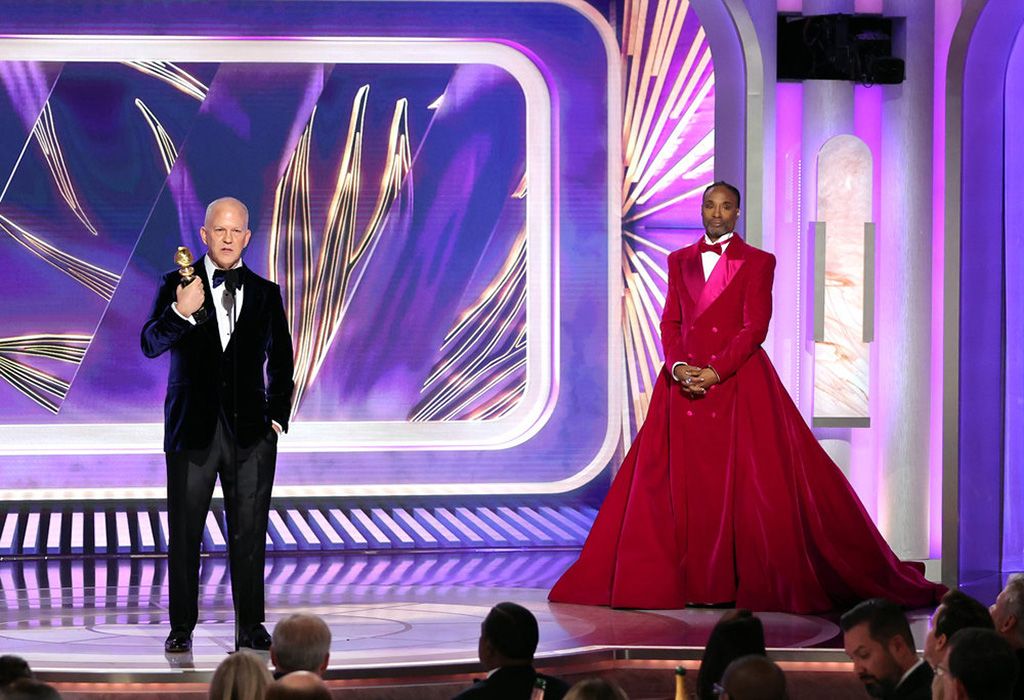 Honoree Ryan Murphy (at microphone) accepts the Carol Burnett Award from Billy Porter during the 80th Annual Golden Globe Awards ceremony in Beverly Hills.
