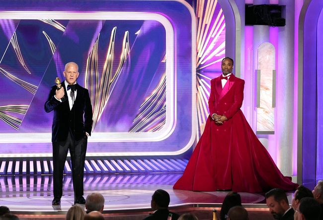 Honoree Ryan Murphy (at microphone) accepts the Carol Burnett Award from Billy Porter during the 80th Annual Golden Globe Awards ceremony in Beverly Hills.