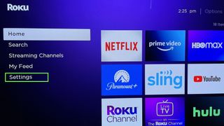 The Settings button is highlighted on the Roku Home page