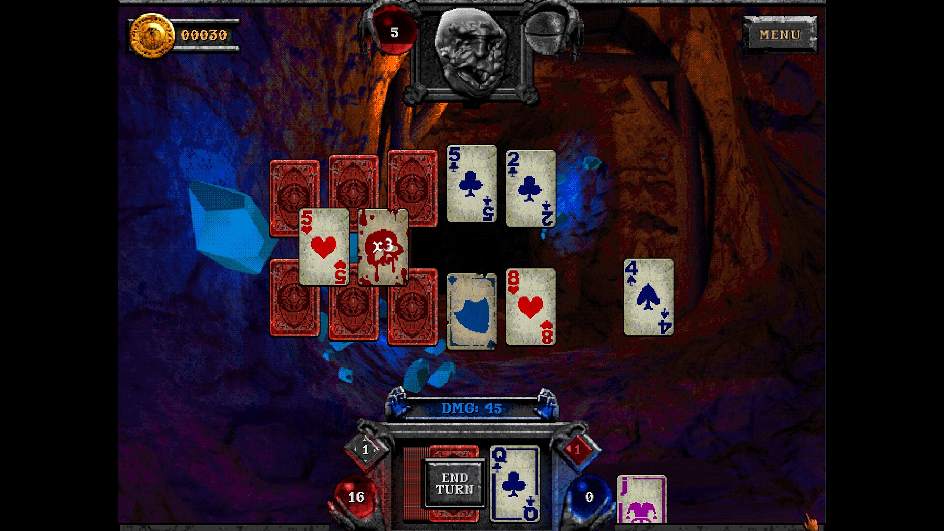 In Forbidden Solitaire, a deck of bloody cards are spread out on a computer screen that has an old school 1995 CD-ROM aesthetic
