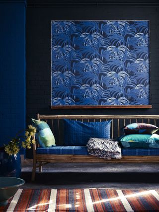 Blue living room decorating with wallpaper panel