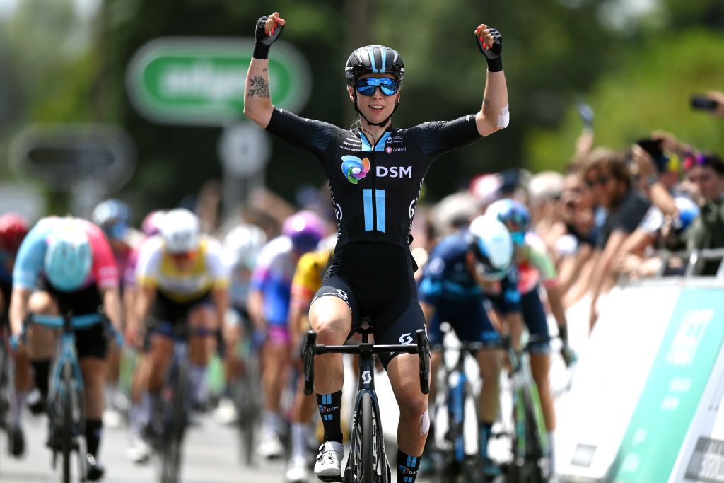 HARLOW ENGLAND JUNE 07 Lorena Wiebes of Netherlands and Team DSM celebrates at finish line as stage winner during the 8th The Womens Tour 2022 Stage 2 a 921km stage from Harlow to Harlow WomensTour UCIWWT on June 07 2022 in Harlow England Photo by Justin SetterfieldGetty Images