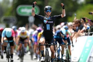 HARLOW ENGLAND JUNE 07 Lorena Wiebes of Netherlands and Team DSM celebrates at finish line as stage winner during the 8th The Womens Tour 2022 Stage 2 a 921km stage from Harlow to Harlow WomensTour UCIWWT on June 07 2022 in Harlow England Photo by Justin SetterfieldGetty Images