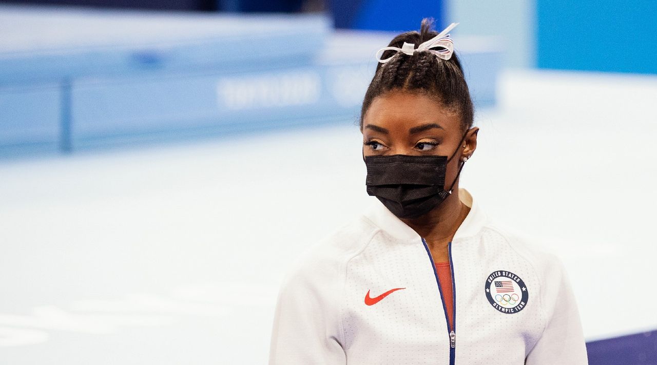 Simone Biles of United States of America competing on Women&#039;s Team Final during the Tokyo 2020 Olympic Games at the Ariake Gymnastics Centre on July 27, 2021 in Tokyo, Japan