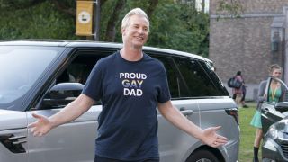 Leighton's father in Proud Gay Dad shirt in The Sex LIves of College Girls