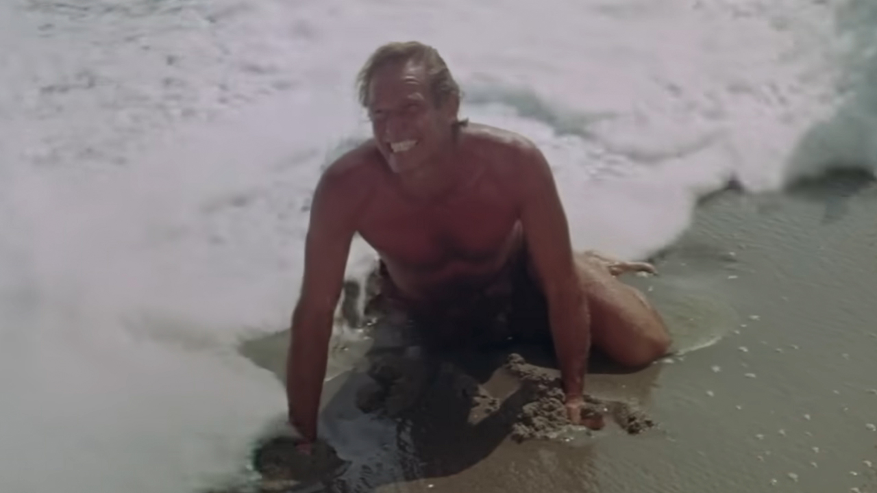 Charlton Heston looking upset while on his knees on a beach in Planet Of The Apes