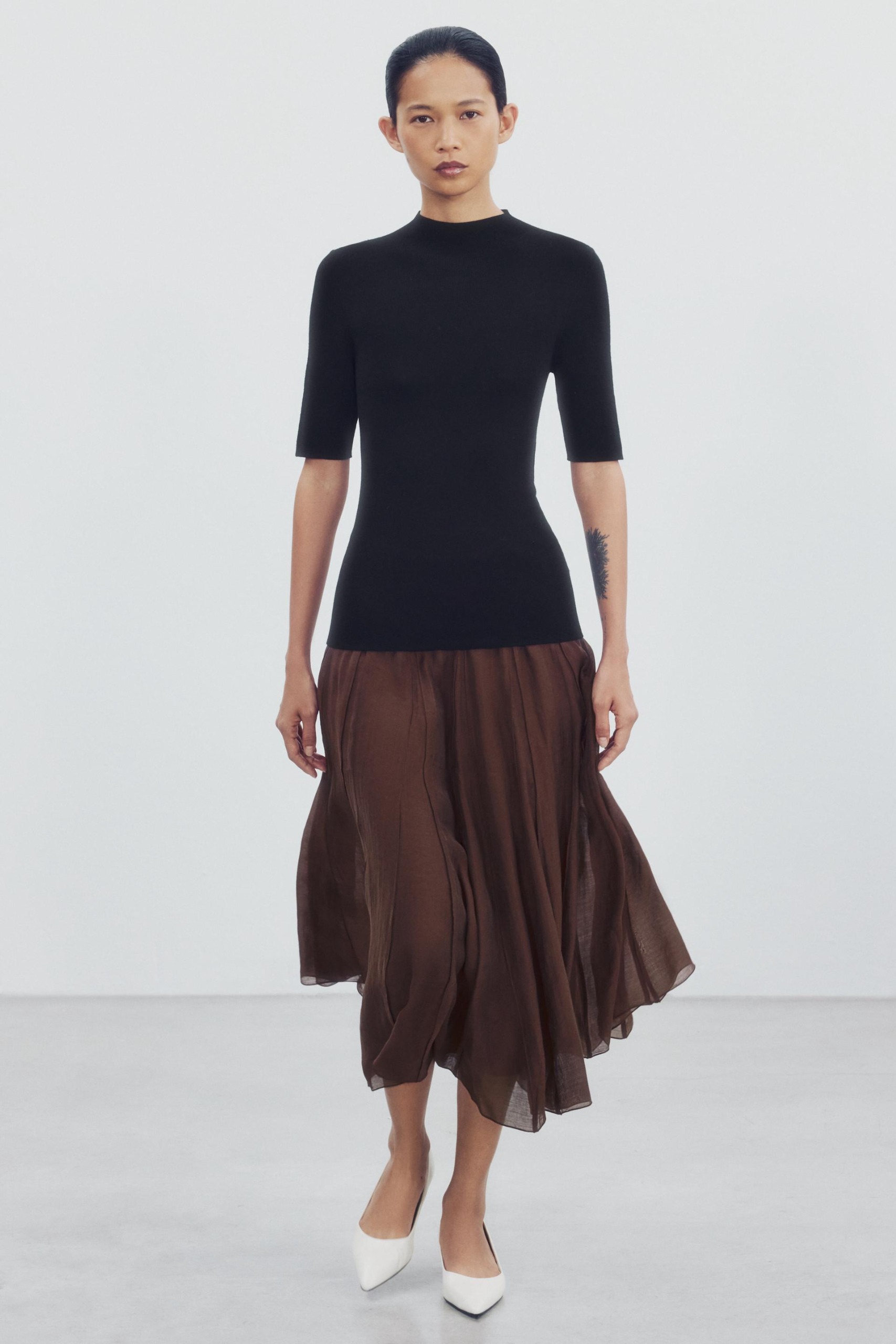 Zw Collection Flowy Combined Skirt - Chocolate - Xs